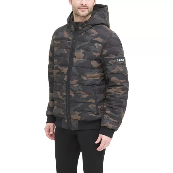 DKNY Mens Quilted Performance Hooded Bomber JacketCamouflage Matte Stretch