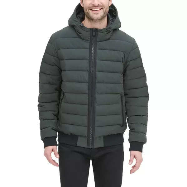 DKNY Mens Quilted Performance Hooded Bomber JacketDark Olive Matte Stretch