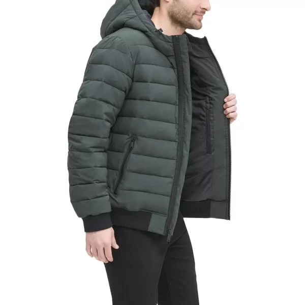 DKNY Mens Quilted Performance Hooded Bomber JacketDark Olive Matte Stretch