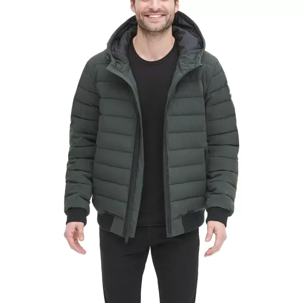 DKNY Mens Quilted Performance Hooded Bomber JacketDark Olive Matte Stretch