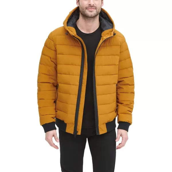 DKNY Mens Quilted Performance Hooded Bomber JacketGold Matte Stretch