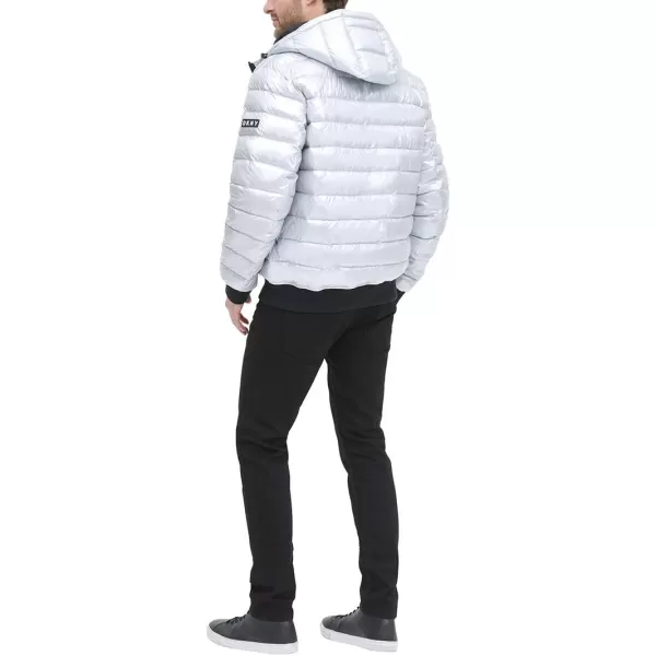 DKNY Mens Quilted Performance Hooded Bomber JacketGrey Pearlized