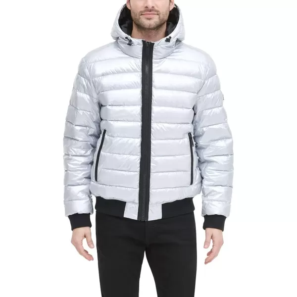 DKNY Mens Quilted Performance Hooded Bomber JacketGrey Pearlized