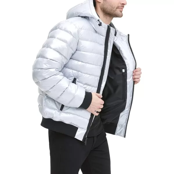 DKNY Mens Quilted Performance Hooded Bomber JacketGrey Pearlized