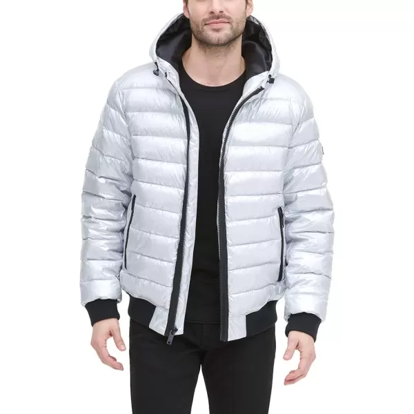 DKNY Mens Quilted Performance Hooded Bomber JacketGrey Pearlized