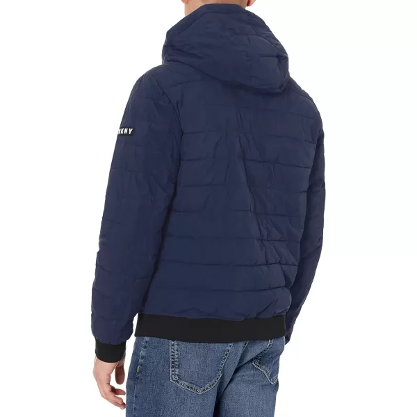 DKNY Mens Quilted Performance Hooded Bomber JacketNavy Matte Stretch