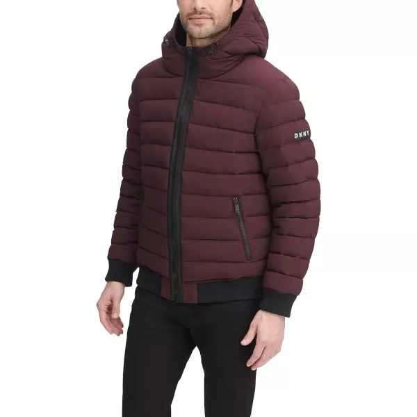 DKNY Mens Quilted Performance Hooded Bomber JacketOxblood Matte Stretch