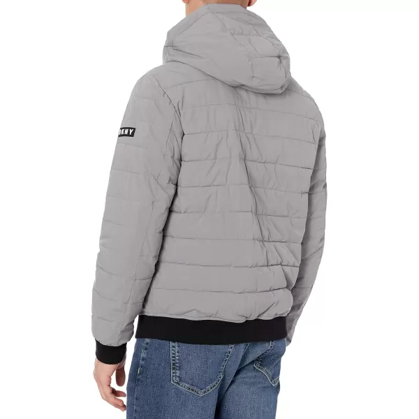 DKNY Mens Quilted Performance Hooded Bomber JacketStone Matte Stretch