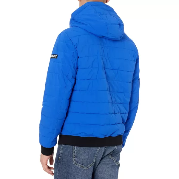 DKNY Mens Quilted Performance Hooded Bomber JacketTransit Blue Matte Stretch