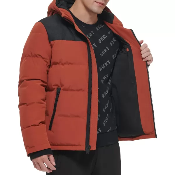 DKNY Mens Shawn Quilted Mixed Media Hooded Puffer JacketArabian Spice