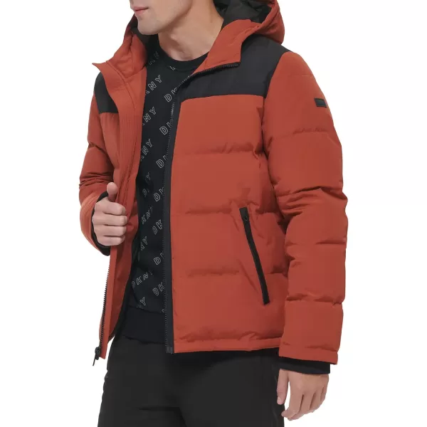 DKNY Mens Shawn Quilted Mixed Media Hooded Puffer JacketArabian Spice