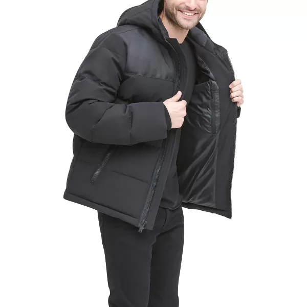 DKNY Mens Shawn Quilted Mixed Media Hooded Puffer JacketBlack