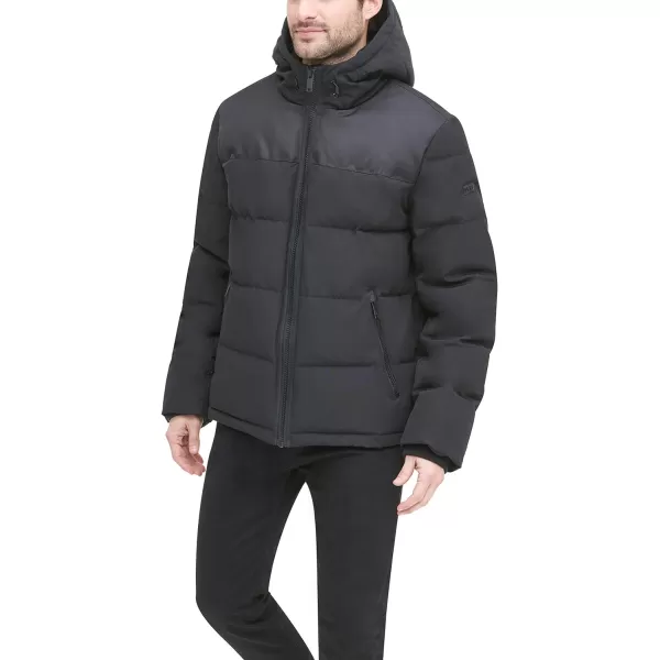 DKNY Mens Shawn Quilted Mixed Media Hooded Puffer JacketBlack