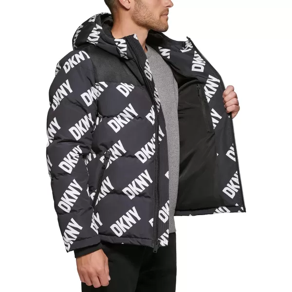 DKNY Mens Shawn Quilted Mixed Media Hooded Puffer JacketBlack Dkny Logo Print