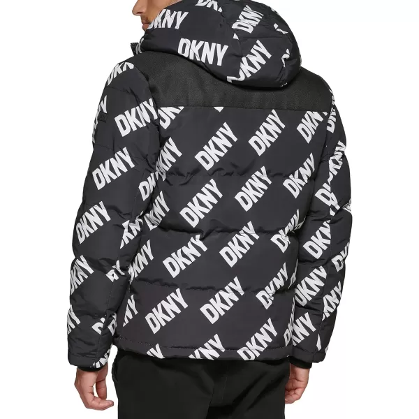 DKNY Mens Shawn Quilted Mixed Media Hooded Puffer JacketBlack Dkny Logo Print