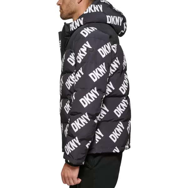 DKNY Mens Shawn Quilted Mixed Media Hooded Puffer JacketBlack Dkny Logo Print