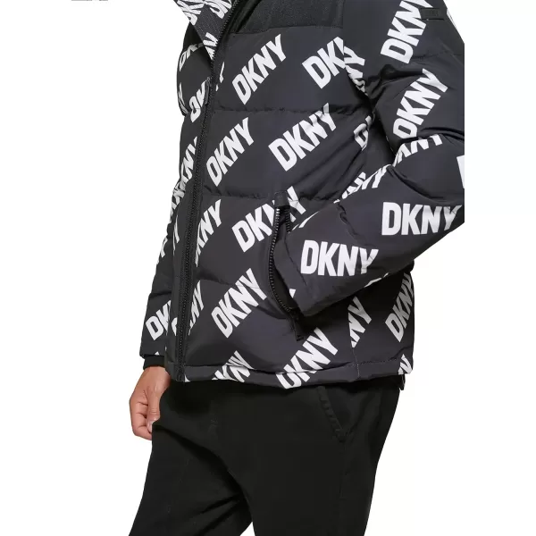 DKNY Mens Shawn Quilted Mixed Media Hooded Puffer JacketBlack Dkny Logo Print