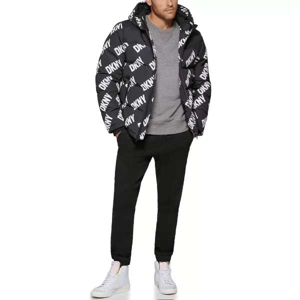 DKNY Mens Shawn Quilted Mixed Media Hooded Puffer JacketBlack Dkny Logo Print