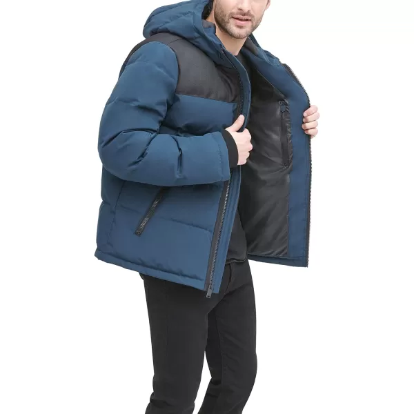 DKNY Mens Shawn Quilted Mixed Media Hooded Puffer JacketBlue Steel