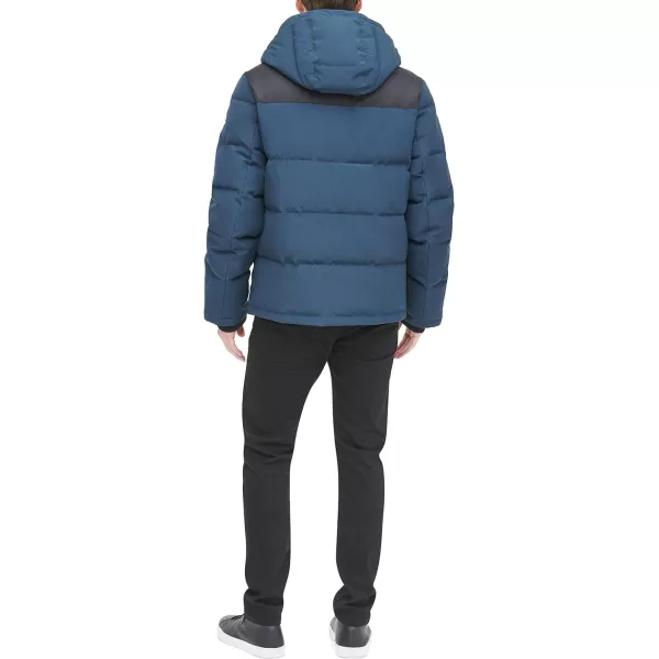 DKNY Mens Shawn Quilted Mixed Media Hooded Puffer JacketBlue Steel