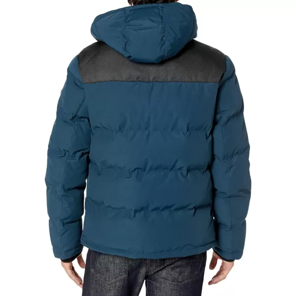 DKNY Mens Shawn Quilted Mixed Media Hooded Puffer JacketBlue Steel