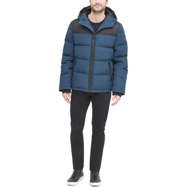 DKNY Mens Shawn Quilted Mixed Media Hooded Puffer JacketBlue Steel