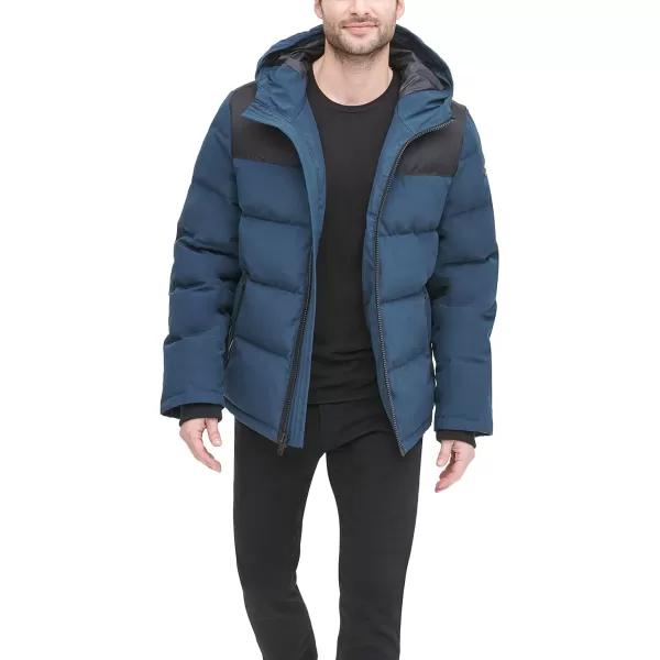 DKNY Mens Shawn Quilted Mixed Media Hooded Puffer JacketBlue Steel