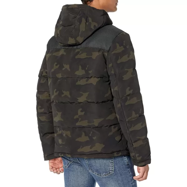 DKNY Mens Shawn Quilted Mixed Media Hooded Puffer JacketCamouflage