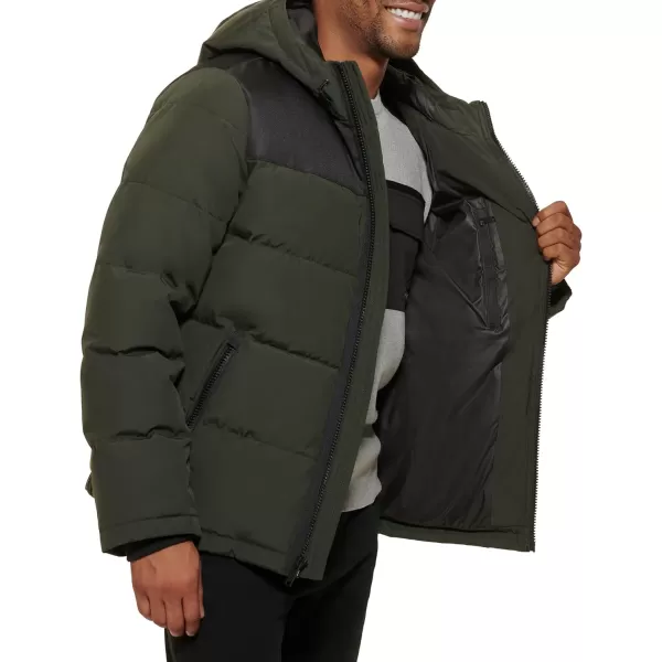 DKNY Mens Shawn Quilted Mixed Media Hooded Puffer JacketDark Olive