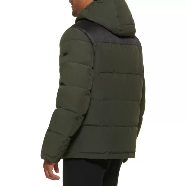 DKNY Mens Shawn Quilted Mixed Media Hooded Puffer JacketDark Olive