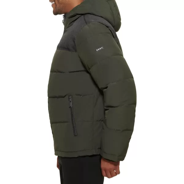 DKNY Mens Shawn Quilted Mixed Media Hooded Puffer JacketDark Olive