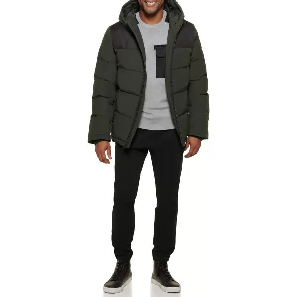 DKNY Mens Shawn Quilted Mixed Media Hooded Puffer JacketDark Olive