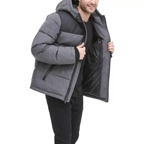 DKNY Mens Shawn Quilted Mixed Media Hooded Puffer JacketHeather Charcoal