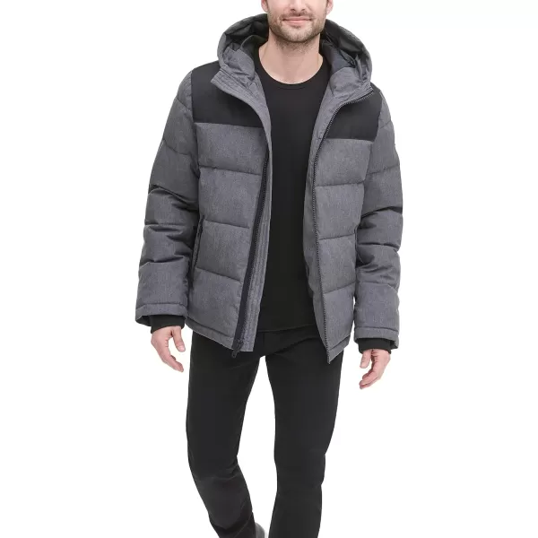 DKNY Mens Shawn Quilted Mixed Media Hooded Puffer JacketHeather Charcoal