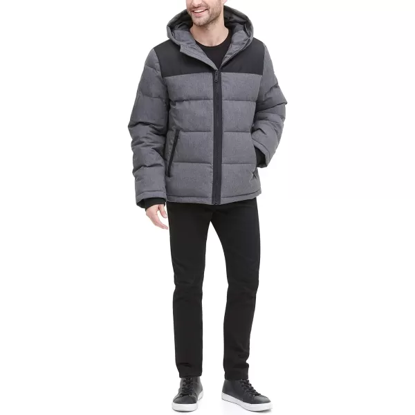 DKNY Mens Shawn Quilted Mixed Media Hooded Puffer JacketHeather Charcoal