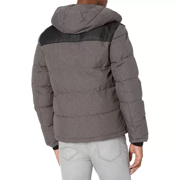 DKNY Mens Shawn Quilted Mixed Media Hooded Puffer JacketHeather Charcoal