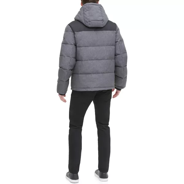 DKNY Mens Shawn Quilted Mixed Media Hooded Puffer JacketHeather Charcoal