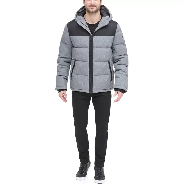 DKNY Mens Shawn Quilted Mixed Media Hooded Puffer JacketHeather Grey