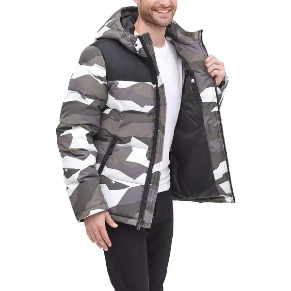 DKNY Mens Shawn Quilted Mixed Media Hooded Puffer JacketOlive Dazzle Camo