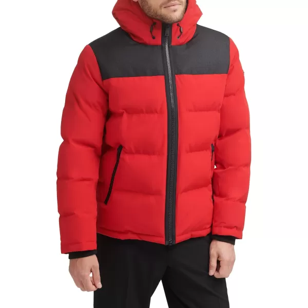 DKNY Mens Shawn Quilted Mixed Media Hooded Puffer JacketRed