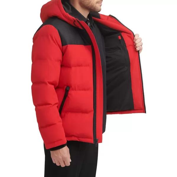 DKNY Mens Shawn Quilted Mixed Media Hooded Puffer JacketRed