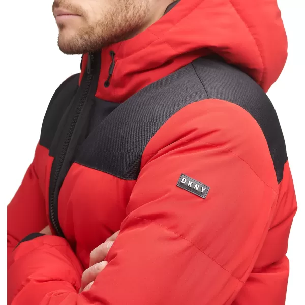 DKNY Mens Shawn Quilted Mixed Media Hooded Puffer JacketRed