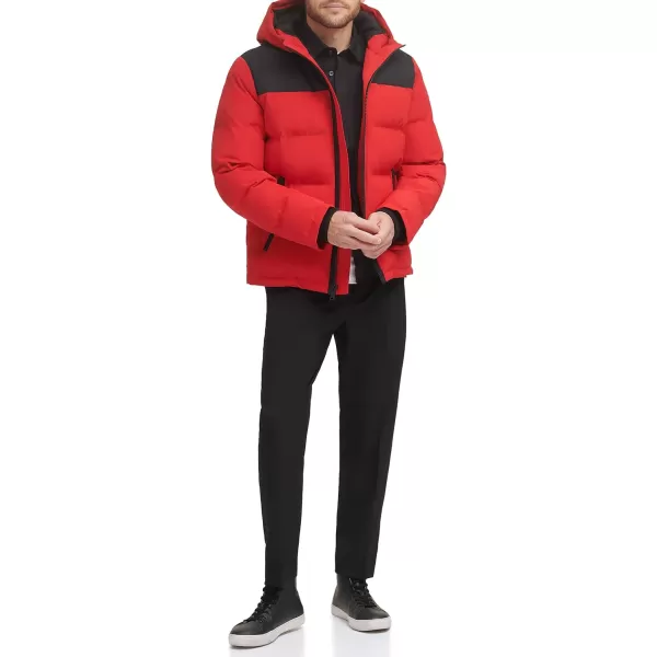 DKNY Mens Shawn Quilted Mixed Media Hooded Puffer JacketRed