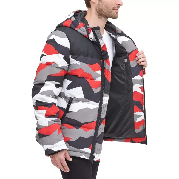 DKNY Mens Shawn Quilted Mixed Media Hooded Puffer JacketRed Dazzle Camo