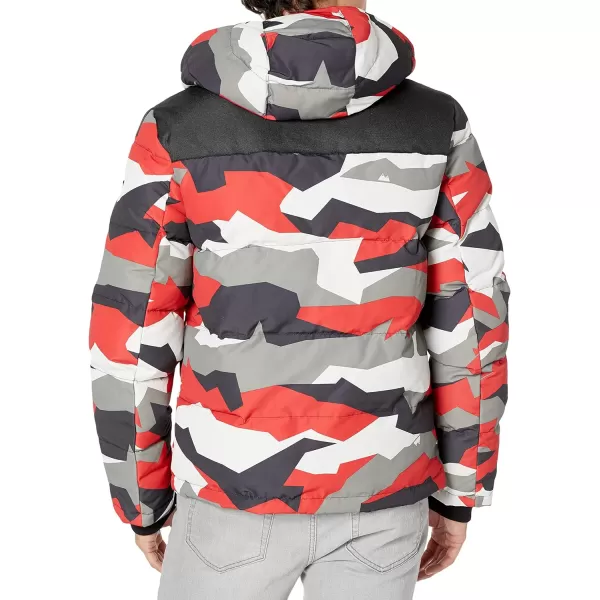 DKNY Mens Shawn Quilted Mixed Media Hooded Puffer JacketRed Dazzle Camo