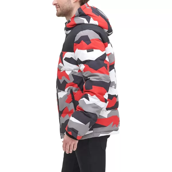 DKNY Mens Shawn Quilted Mixed Media Hooded Puffer JacketRed Dazzle Camo