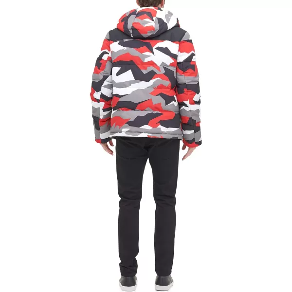 DKNY Mens Shawn Quilted Mixed Media Hooded Puffer JacketRed Dazzle Camo