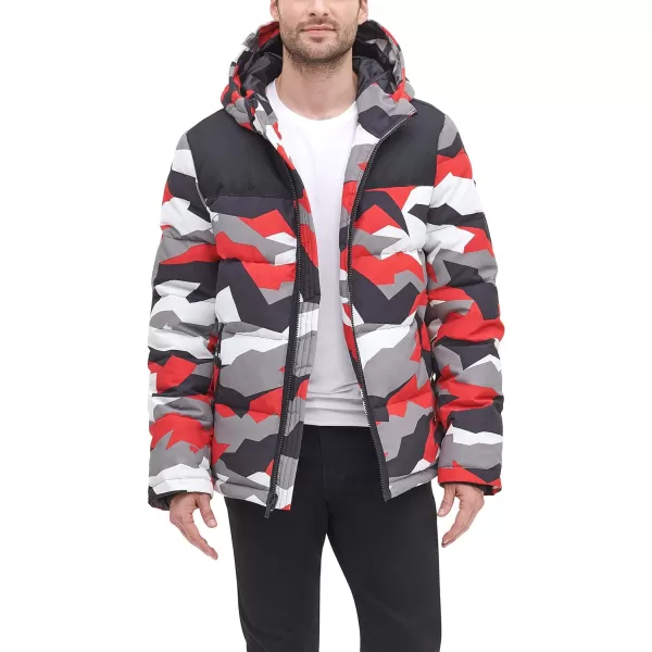 DKNY Mens Shawn Quilted Mixed Media Hooded Puffer JacketRed Dazzle Camo