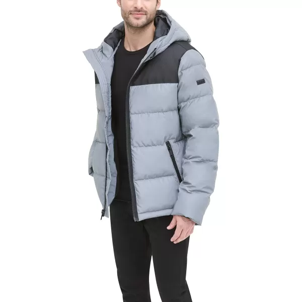 DKNY Mens Shawn Quilted Mixed Media Hooded Puffer JacketReflective