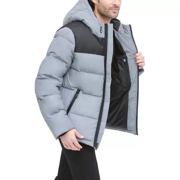 DKNY Mens Shawn Quilted Mixed Media Hooded Puffer JacketReflective